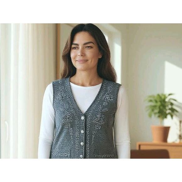 Y2K Vintage Beaded Vest Sweater Sz M Gray Boho Granny Retro Holiday Layer Preppy - Picture 3 of 16